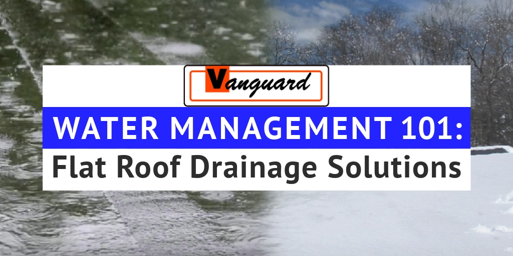 Title image with pooling water in the background. Title: Water Management 101: Flat Roof Drainage Solutions