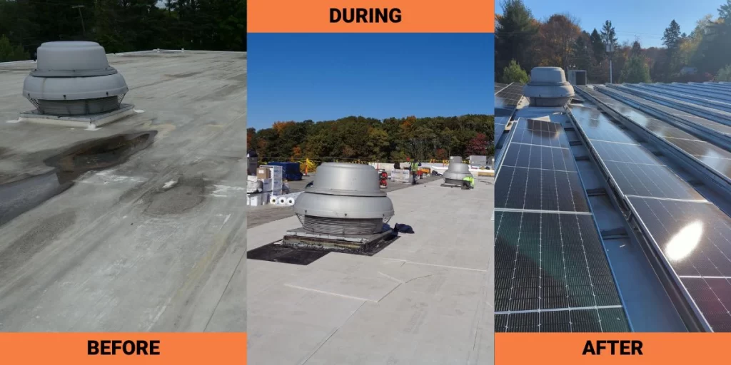 Before, during, and after images of a commercial roof solar panel installation, showing progression from old roof to completed solar array.