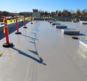 Flat commercial roof under construction with safety markers and rooftop equipment visible.